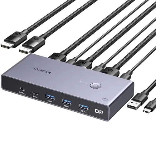 UGREEN Switch KVM Displayport 8K 60Hz 2 Entrées 1 Sortie Commutateur KVM DP 1.4 4K 240Hz USB C 3 USB A pour Clavier Souris Disque Dur Imprimante Moniteur avec Contrôleur de Bureau 2 Câbles DP 1M