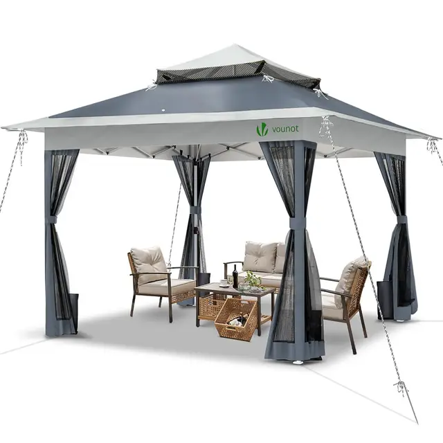 VOUNOT Tonnelle Pop-Up 3,6 x 3,6 m avec Moustiquaire Gris