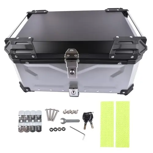 65L Top Case Moto en Aluminium, Coffre De Rangement Étanche avec Base À Dégagement Rapide, Support De Montage et Serrure de Sécurité (Argenté)