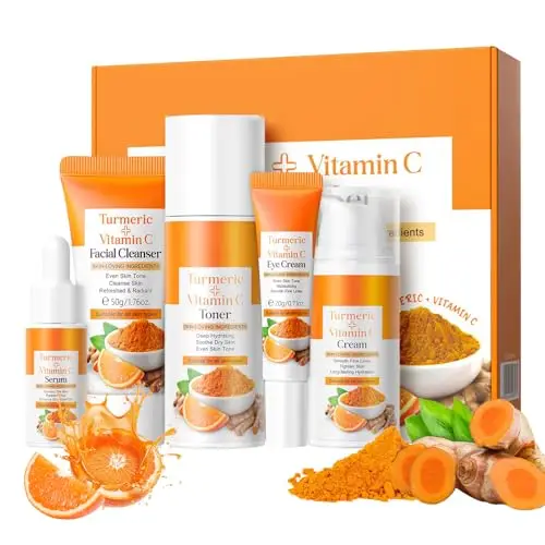 Ensemble de Soins de la Peau au Curcuma et à la Vitamine C, Set de Soin du Visage 5 en 1 pour Femmes avec Nettoyant au Curcuma, Eau Micellaire, Sérum, Crème pour les Yeux et Crème de Jour, Teinture