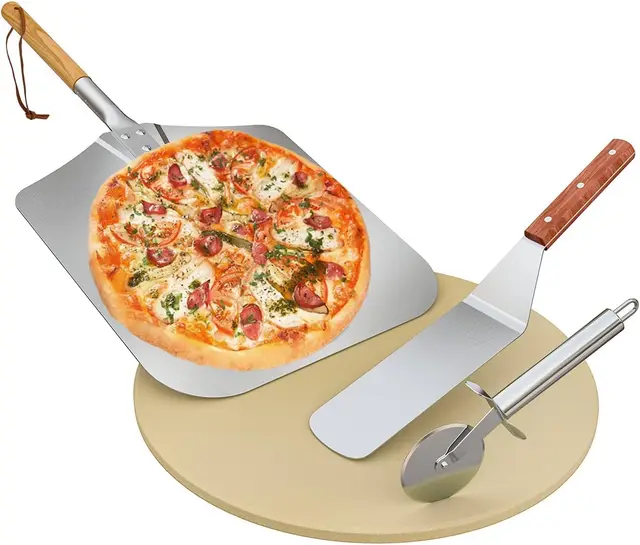 onlyfire Kit Accessoires Pizza 4 Pièces, Pierre à Pizza 38cm en Cordiérite, Pelle à Pizza Aluminium avec Manche en Bois, Roulette et Spatule Longue en INOX pour Grill, Barbecue et Four