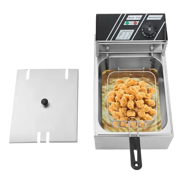 Friteuse électrique commerciale en acier inoxydable - 3000 W - 6 l - Avec panier - Friteuse professionnelle (thermostat 60-200 °C, chauffage rapide, robinet de vidange, protection contre la surchauffe