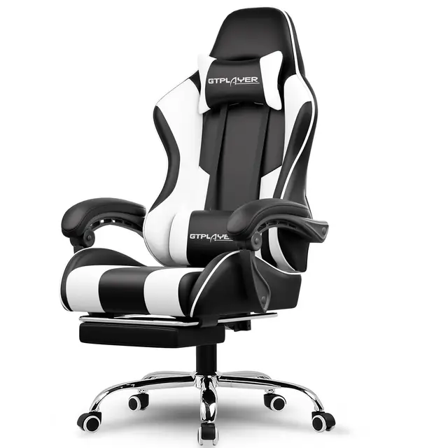 GTPLAYER Chaise Gaming, Fauteuil Gamer avec Massage Lombaire, Chaise de Gaming Repose-Pieds Rétractable, Dossier Inclinable à 135°, Siège Confortable en Cuir, Chaise Bureau, Charge 150 kg, Blanc