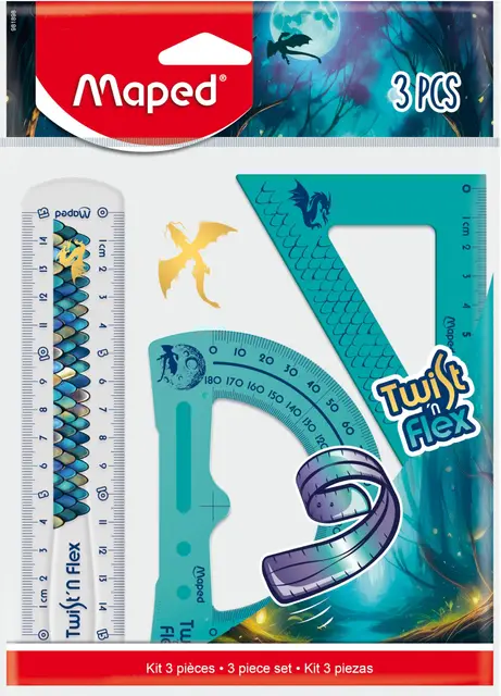 Maped - Mini Kit de Traçage Twist'N Flex Dragon - 3 Pièces - Incassable - Règle 15 cm + Equerre 60° + Rapporteur 180°