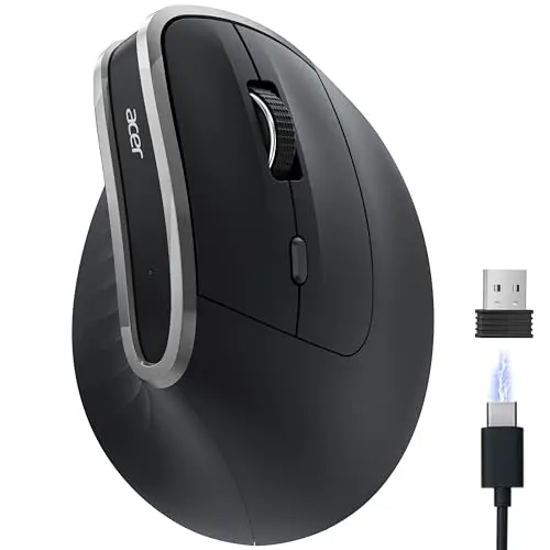 Acer Souris Ergonomique sans Fil, 2,4 GHz Souris Rechargeable, Verticale Mouse 1600PPP, 6 Boutons, Souris d'Ordinateur avec récepteur USB pour PC, iMac, Ordinateur de Bureau