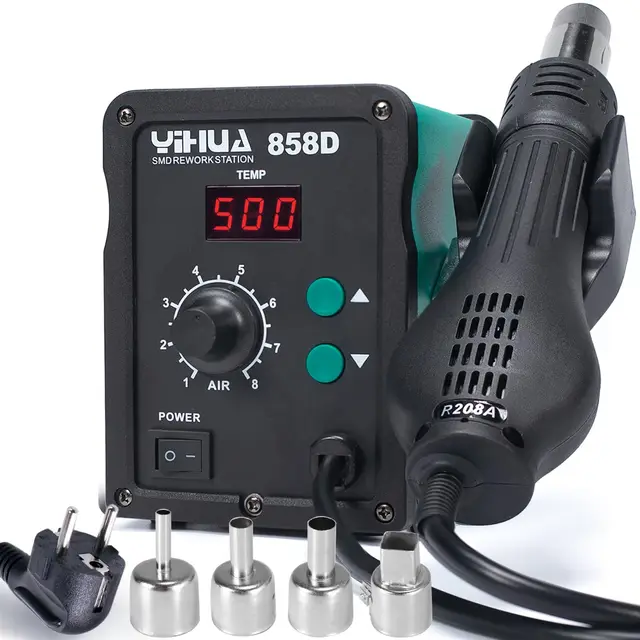 YIHUA 858D station de soudage à air chaud 700W pour soudure et dessoudage SMD avec contrôle de température PID, fonction de démarrage/arrêt auto, température et volume d'air réglable(EU plug)