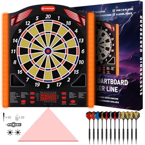 WIN.MAX Jeu de fléchette Jeux de fléchette électronique Cible flechette Profi Set pour Throw Line Piles/Adaptateur pour 1 à 8 Joueurs 34 Jeux avec 12 fléchettes