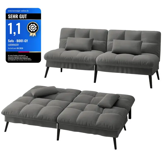 LUCKRACER Canapé-lit 3 places, avec fonction de couchage, housse futon, canapé-lit, canapé d'angle, 5 angles réglables, idéal pour appartements, salon, en tissu gris