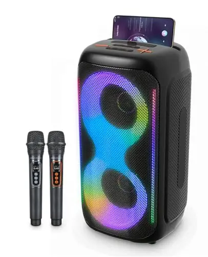 GKD40 Machine Karaoké Portable Bluetooth avec Système PA, 2 Microphones Sans Fil Rechargeables et Enceinte LED. Enceinte Woofer 4 Pouces, Idéale pour Adultes, Fêtes en Extérieur ou Chant à la Maison