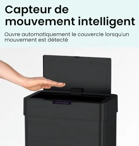 Five Stars® Poubelle avec capteur - 60 L - Séparation des déchets - Acier inoxydable - 2 compartiments - Couvercle souple - Noir