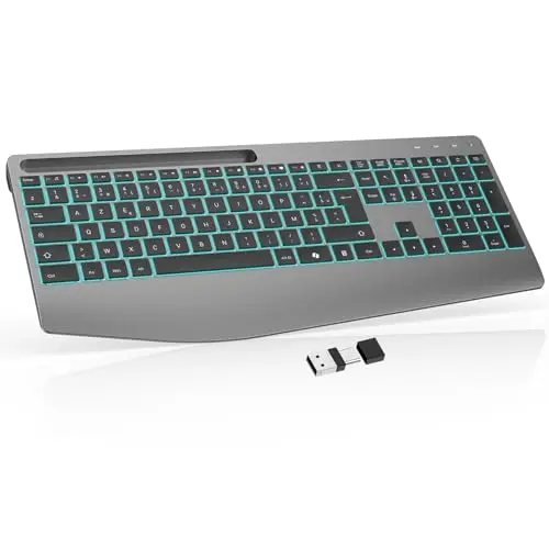 OMOTON Clavier sans Fil AZERTY Ergonomique Rechargeable Rétroéclairé 2,4GHz | Repose-poignet intégré | AZERTY Français | Rétroéclairage 7 couleurs | Silencieux | PC Windows/Linux | Bureau & Télétravail