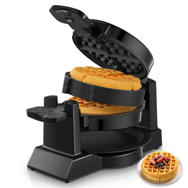 FOHERE Moule à gaufres 1400W Double moule à gaufres belges Rotation à 180°, 8 gaufres en 3 min., plaques antiadhésives, protection anti-brûlure, bac de récupération amovible Facile à nettoyer, Waffle
