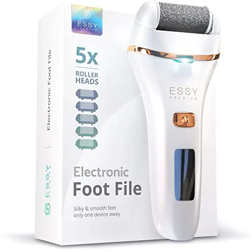 Essy Râpe à Pieds Électrique avec 5 Rouleaux de Remplacement, Ponceuse Rechargeable pour Élimination des Callosités, 2 Vitesses, Écran LED, Charge USB, Kit Pédicure (Blanc)