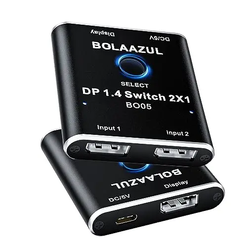 BolAAzuL Switch DisplayPort 1.4 8K 60Hz 5K 120Hz 4K@144Hz 2K@165Hz Commutateur DisplayPort 2 Entrées 1 Sortie Switch DP 1.4 2 in 1 Out Unidirectionnel pour PC Hôte Moniteur HDTV DVD
