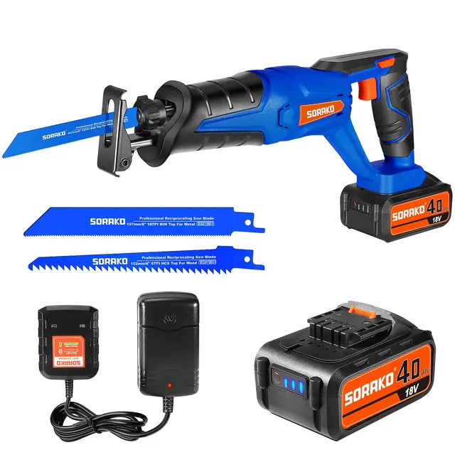 SORAKO Scie Sabre Sans Fil, 18V Scie Sabre Sans Fil avec Batterie 4,0Ah et Chargeur, Scie Sabre Batterie Vitesses 0-3000SPM, Changement de Lame Sans Outil, Idéal pour Coupe de Bois, Branches, Métal