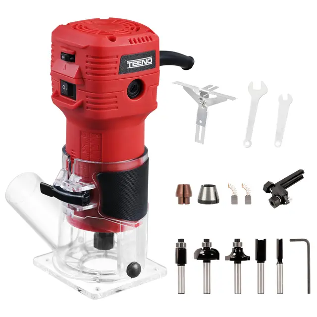 TEENO Défonceuse Affleureuse Électrique 800W 15000-32000 RPM Avec Housse Anti Poussière, Affleureuse à Bois Avec 5 Fraises à Défoncer Queue de 1/4", 6 Vitesses Variables, Base Fixe Mèches 6/6.35mm