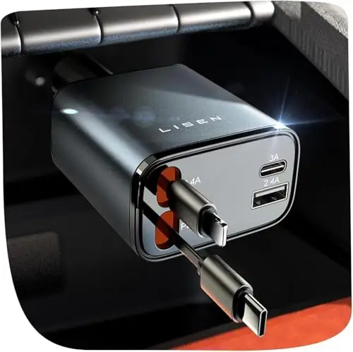 LISEN 4 en 1 Rétractable Chargeur Voiture USB C 69W [Câble Magique & Rebond Instantané] Adaptateur Allume Cigare, Idee Cadeau Homme Saint Valentin, Voyage Camping Car Accessoires pour iPhone 17 Pro