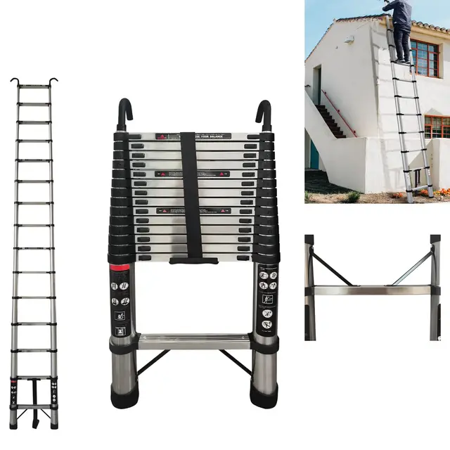 Échelle télescopique extensible en acier antidérapante avec crochet amovible, échelle télescopique polyvalente avec pieds antidérapants, 14 échelons, charge maximale 150 kg (4,4 m)