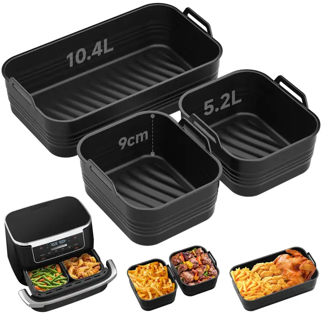 Alyvisun Moule Silicone Air Fryer, 3 Pièces Plat pour Airfryer Réutilisable Panier Friteuse Air Chaud Moules Pliable Barquette Bac Ustensile Liners pour Friteuse à Air 10 L/10,4 L (1x10,4 L+2x5,2 L)