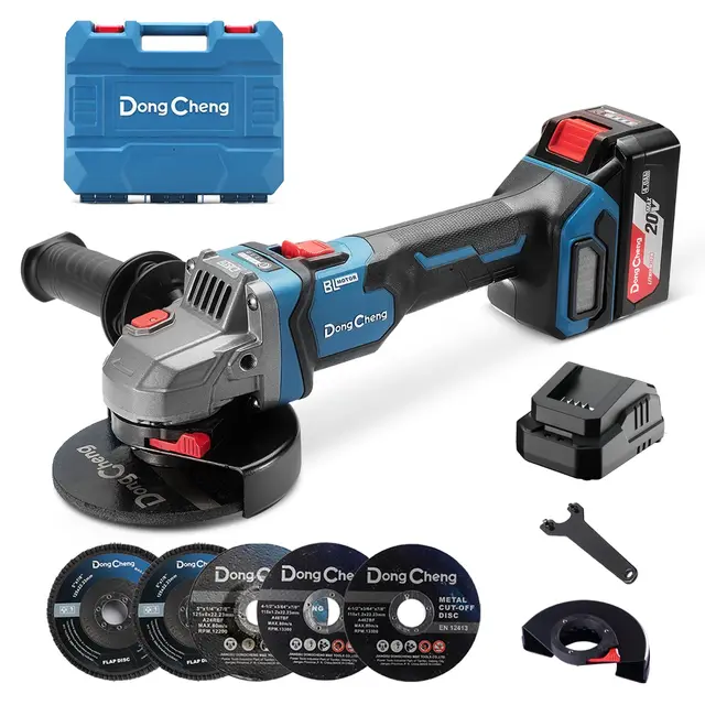 DongCheng Meuleuse d'angle sans fil 18V, Ø 125 mm, 1000W, Moteur Sans Balais, 3 Vitesses, Protection Anti-Redémarrage, Poignée Anti-Vibration, Inclut 6 Disques, Batterie 4.0Ah & Chargeur