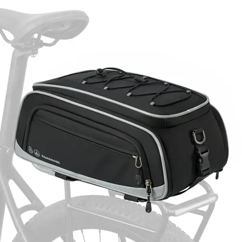 RAINSMORE Sacoche Velo Porte Bagage Arriere 15L-23L Extensible, Sacoche Arrière Vélo Étanche avec Housse de Pluie et Bandes Réfléchissantes, Idéal pour VAE, VTT, Vélotaf et Voyage Noir