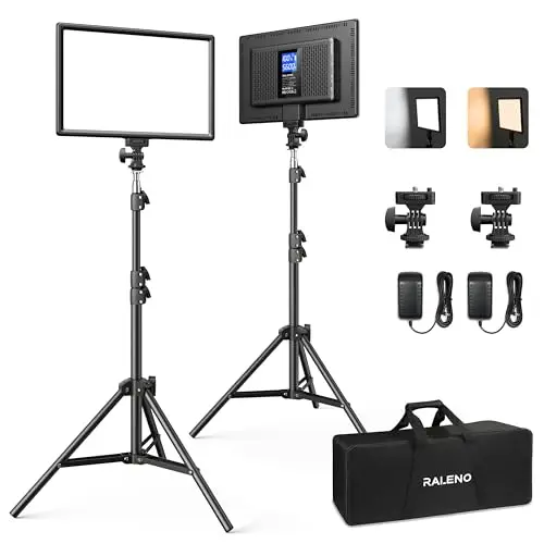 RALENO Lampes Vidéo LED 2-Pack, Panneau Vidéo 192 LED, avec Trépied réglable 180cm, Sac à main, Luminosité bicolore 2500-6500K, Luminosité à intensité variable (0-100%) CRI95 pour Studio Photo YouTube