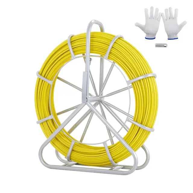 VEVOR Ruban à Poisson en Fibre de Verre 129,5 m 6,35 mm Aiguille Électricien de Tirage Fil Câble Électrique Extracteur Bobine de Conduit Support Acier 3 Têtes de Tirage pour Mur Conduit Non Conducteur