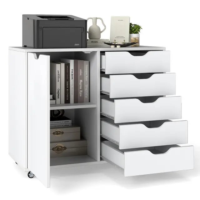 KOMFOTTEU Armoire de Document avec 5 Tiroirs, Caisson de Rangement Mobile avec Armoire à Porte, Meuble d’Imprimante de Bureau, 5 roulettes Universelles, 79 x 39 x 65 cm (Blanc)