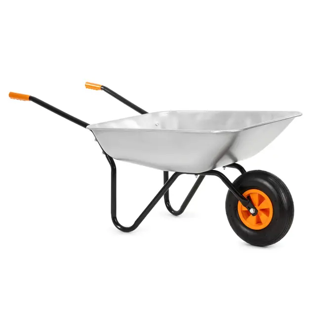 Springos Brouette de jardin - 120 l - Avec pneus pneumatiques et bac en acier galvanisé - Charge maximale : 100 kg - Pour jardin, chantier, atelier, argenté et orange