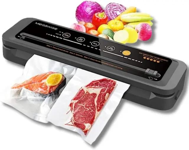 Machine de Mise Sous Vide MegaWise – Aspiration Puissante 80 kPa, Coupe-Sac Intégré, Fonctionnement Automatique, 10 Sacs Sans BPA Inclus, Modes Sec & Humide, Design Compact