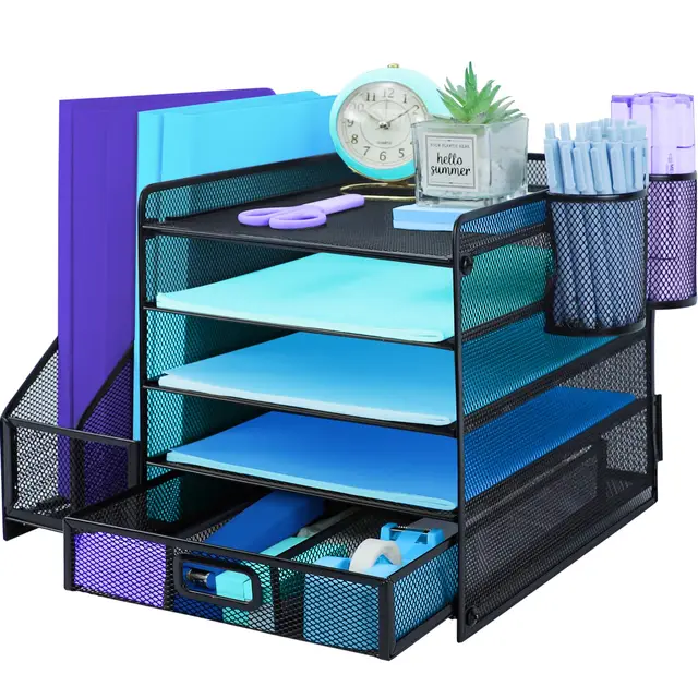 Organisateur de bureau avec porte-documents et 2 porte-stylos, bac à lettres à 5 niveaux avec tiroir, rangement de bureau en maille avec porte-magazine pour fournitures de bureau, noir