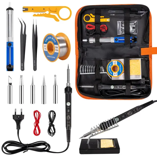 Fer à souder set, 16 en 1 60W kit de fer a souder electronique, 220-480°C température réglable, poste à souder, 5 pointes de soudure, fil de soudure, pince à épiler et pompe de dessoudage