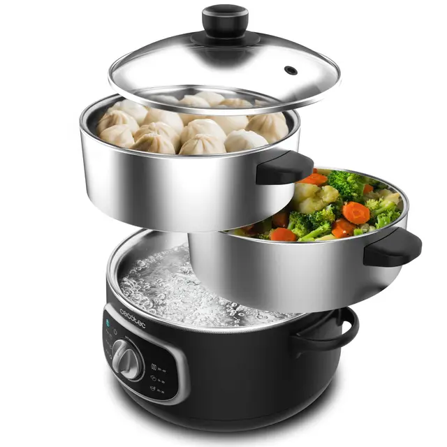 Cecotec Cuiseur à Vapeur électrique Vapovita 3000 INOX, 3 paniers indépendants, Bol de Cuisson du Riz, Supports de Cuisson des œufs, Minuterie de 60 minutes, 2 Entrées d'Eau Latérales, Gris, 800 W