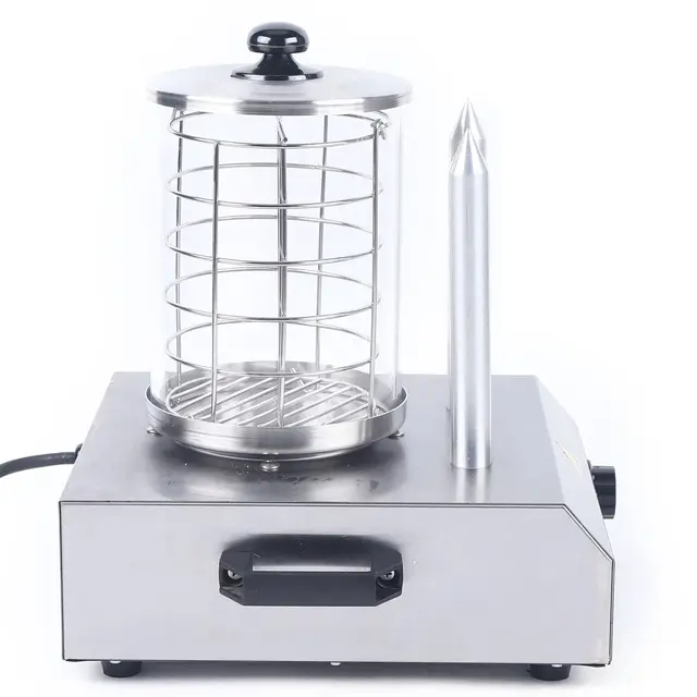 Hot Dog Device Chauffe-saucisse en acier inoxydable 422 W avec 2 mandrins chauffants Cuiseur à saucisses 0-85 °C Cage en acier inoxydable divisible 16 x 21,5 cm 16 cm Cylindre en verre professionnel