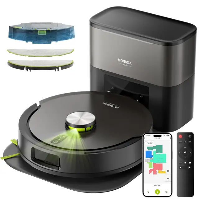 MONSGA Aspirateur Robot 8000Pa, Robot Aspirateur Laveur avec Station Auto-vidage 4L, Plaque de Protection, Navigation LDS, Double Anti-emmêlement pour Cheveux et Poils d'animaux, APP, Contrôle Vocal
