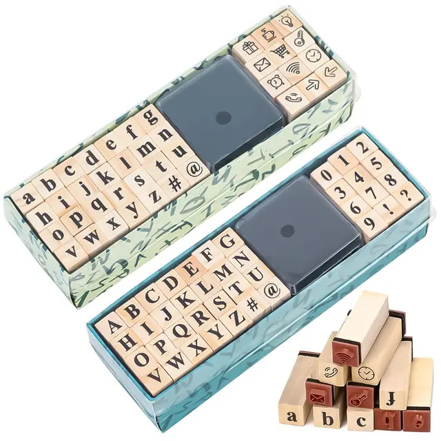 80 Pcs Tampons en Bois pour Lettre, Ensemble de Tampons de Lettres Bois avec Chiffres, Symboles et Tampon Encreur pour DIY Cartes de Vœux/Scrapbooking/Artisanat