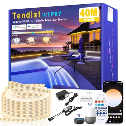 Ruban LED Exterieur Blanc Chaud à Blanc Froid Variable, Bande LED Exterieur Compatible Alexa App & Eelecommande 24V, Etanche Bandeau LED Adhésif pour Eclairage chantier, Pergola (IP67) (40M)
