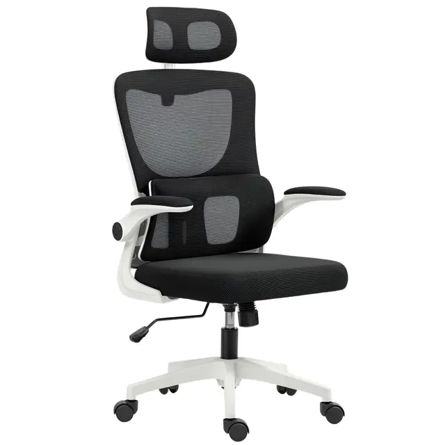 Vinsetto Fauteuil de Bureau, Chaise Ergonomique, Maille Respirant, accoudoirs relevables, pivotant, Appui-tête réglable et Support Lombaire, Hauteur d'assise réglable, Fonction de Bascule, Noir