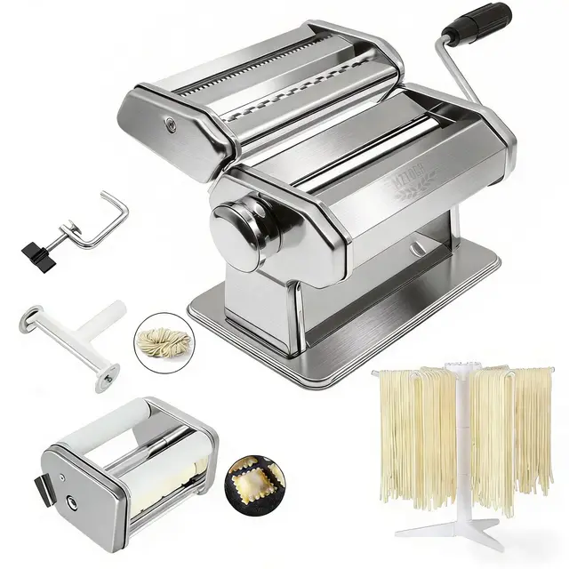 MZTOGR Machine à pâtes et raviolis, lot de 6 pièces en acier de 150 mm avec 9 réglages d'épaisseur réglables, avec accessoire pour raviolis, égouttoir à pâtes