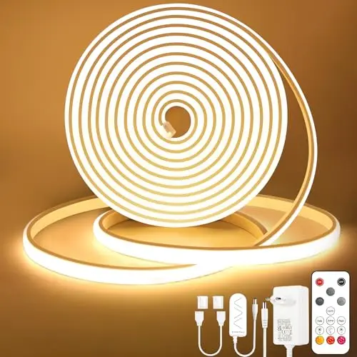 Lamomo Bandeau LED COB 10M, Blanc chaud Ruban Led avec Télécommande, IP65 étanche, Flexible, 3000K, Largeur 10mm, Dimmable, Silicone, Découpable, 24V Néon Strip pour Cuisine, Chambre, CRI 90