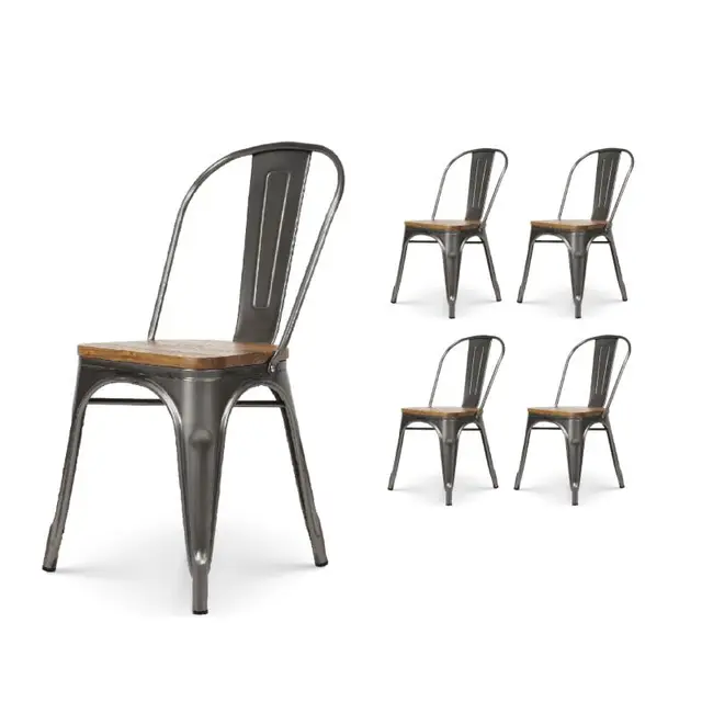 Kosmi - Lot de 4 chaises en métal Brut Aspect galvanisé et Assise en Bois Clair - Style Industriel