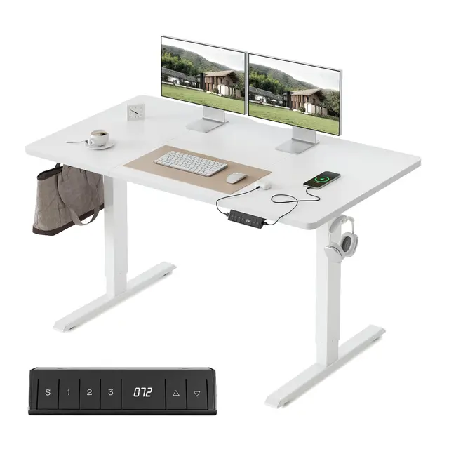 FEZIBO Bureau Électrique Réglable en Hauteur avec Ports de Charge USB-A et USB-C, 120 x 60 cm, Bureau Assis Debout, Ergonomique pour Télétravail, Blanc