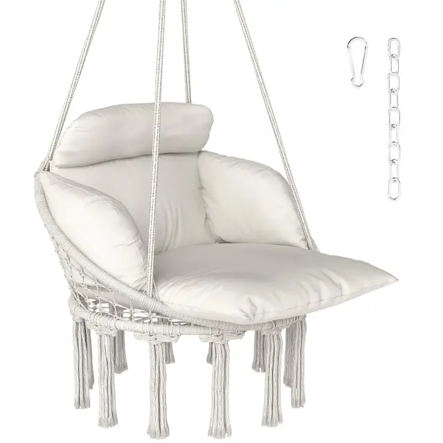 Outsunny Chaise Suspendue avec Grand Coussin rembourré, Fauteuil Suspendu à Franges, kit de Suspension Inclus, hamac Cadre en Acier, Tissage serré, crème
