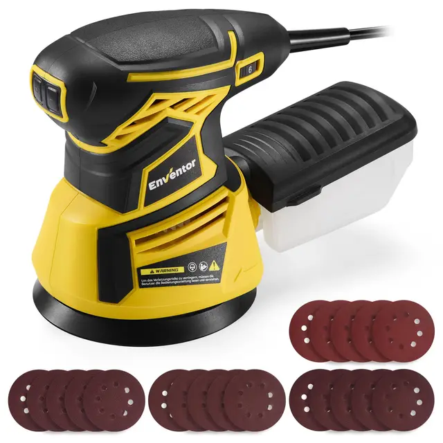 Enventor Ponceuse Excentrique 350W, 6 Vitesses Variables 13000RPM Ponceuse Orbitale 125mm, Papier Abrasif 20 Pièces, Ponceuse électriques avec Collecte de Poussière pour Surfaces en Bois et Acier