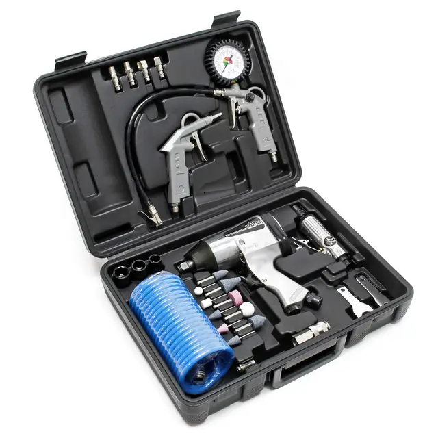 Wiltec Jeu d’outils pneumatiques 27 pièces – avec Clé à chocs, Meuleuse, pistolet de soufflage et nombreux accessoires – Jeu d’outils pneumatiques à air comprimé