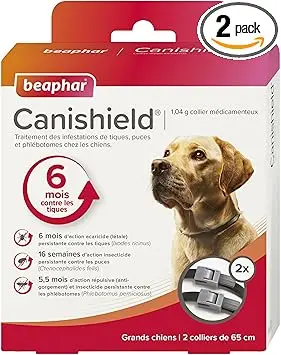 Beaphar - CANISHIELD 1,04 g – Lot de 2 Colliers médicamenteux antiparasitaires pour Grands Chiens – Substance Active : Deltaméthrine - Agit Contre Les tiques, Les puces et Les phlébotomes – 65 cm