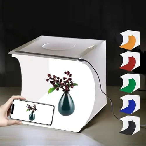 PULUZ Petit Studio Photo, 20cm Photo Box, Boîte à Lumière Blanche Pliable avec 20 lumières LED + 6 Toiles de Fond pour l'affichage du Produit