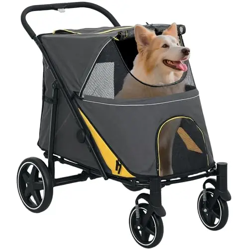 PawHut Poussette chien poussette pour chien 4 roues en EVA chariot pour chat - pliage en un clic, laisse de sécurité, charge 30 kg, gris foncé