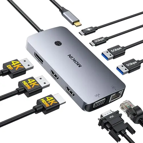 MOKiN Station d'accueil USB C Triple Écran- 9 en 1 Dock USB C avec Double HDMI 4K, DisplayPort, VGA, PD 100W, Ethernet Gigabit, 3 USB A/C 3.0 Compatible Dell/HP/Lenovo/Mac