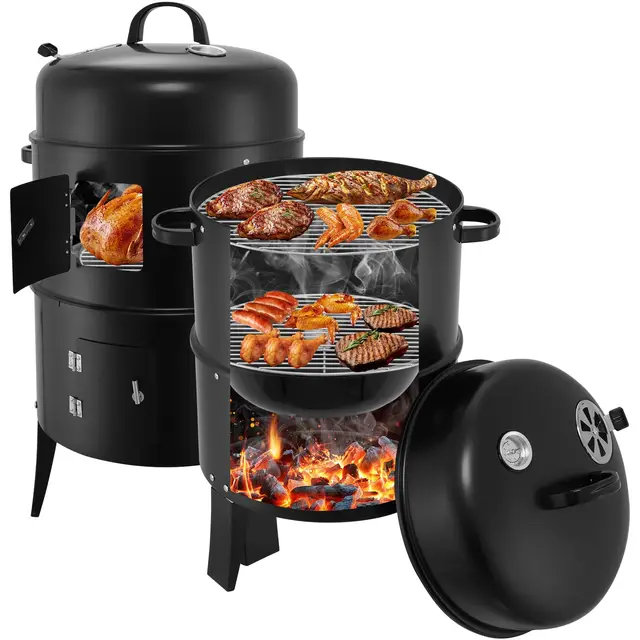 Fumoir 3 en 1, Fumoir, Barbecue au charbon de bois avec couvercle, Barbecue fumoir avec crochets à fumer et thermomètre, Barbecue tonneau Fumoir de camping, Barbecue multifonction pour fumer
